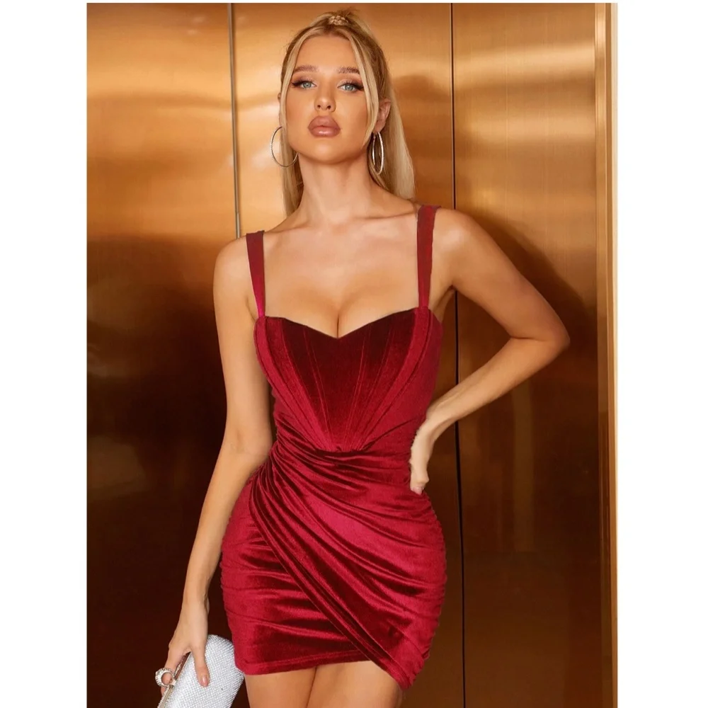 Corset Top Velvet Bodycon Mini Dress Red Sweetheart Decollete Ruched - Picture 7 of 16